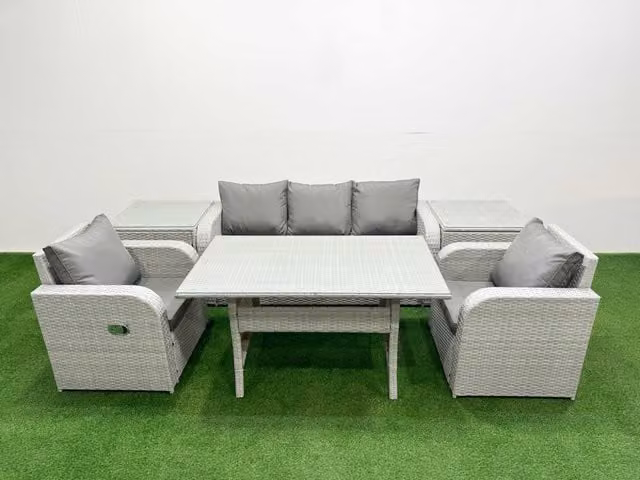 Fimous PE Rattan Garden Furniture Set in Light Grey with Reclining Chairs, Sofa, Rectangular Dining Table and 2 Side Tables