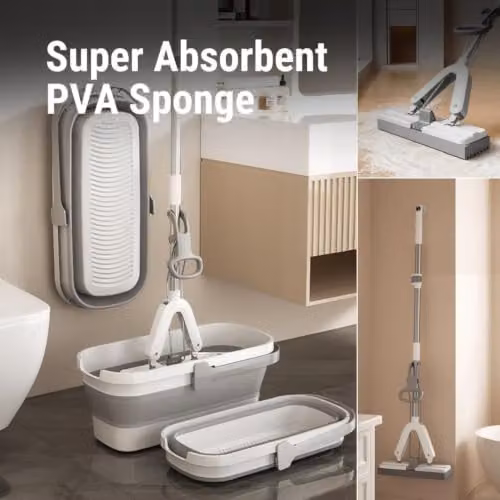 Gr8 Home Super Absorbent PVA Sponge Mop and Foldable Space Saving Bucket Set in Grey with Telescopic Handle – 3