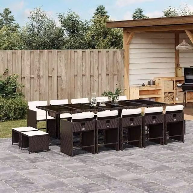 Berkfield Home 15 Piece Brown Poly Rattan Garden Dining Set with Glass Table and Cushions