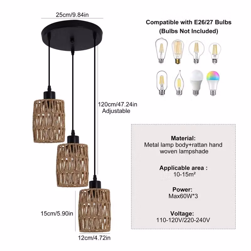Garwarm 3-Light Rattan Farmhouse Cluster Pendant Light in Natural Brown – 4