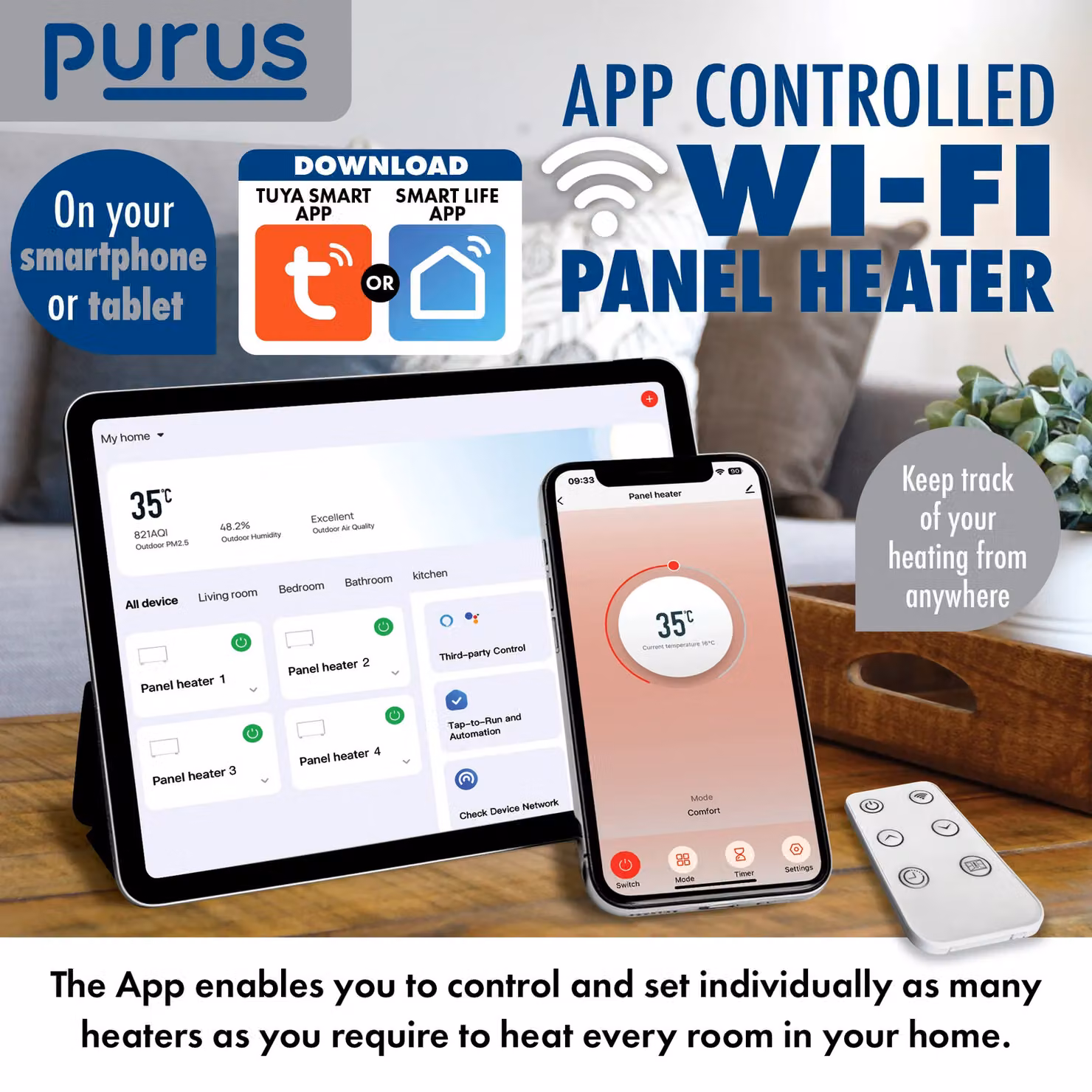 Purus 1500W WiFi Electric Panel Heater, White, Wall Mounted or Freestanding with App Control – 5