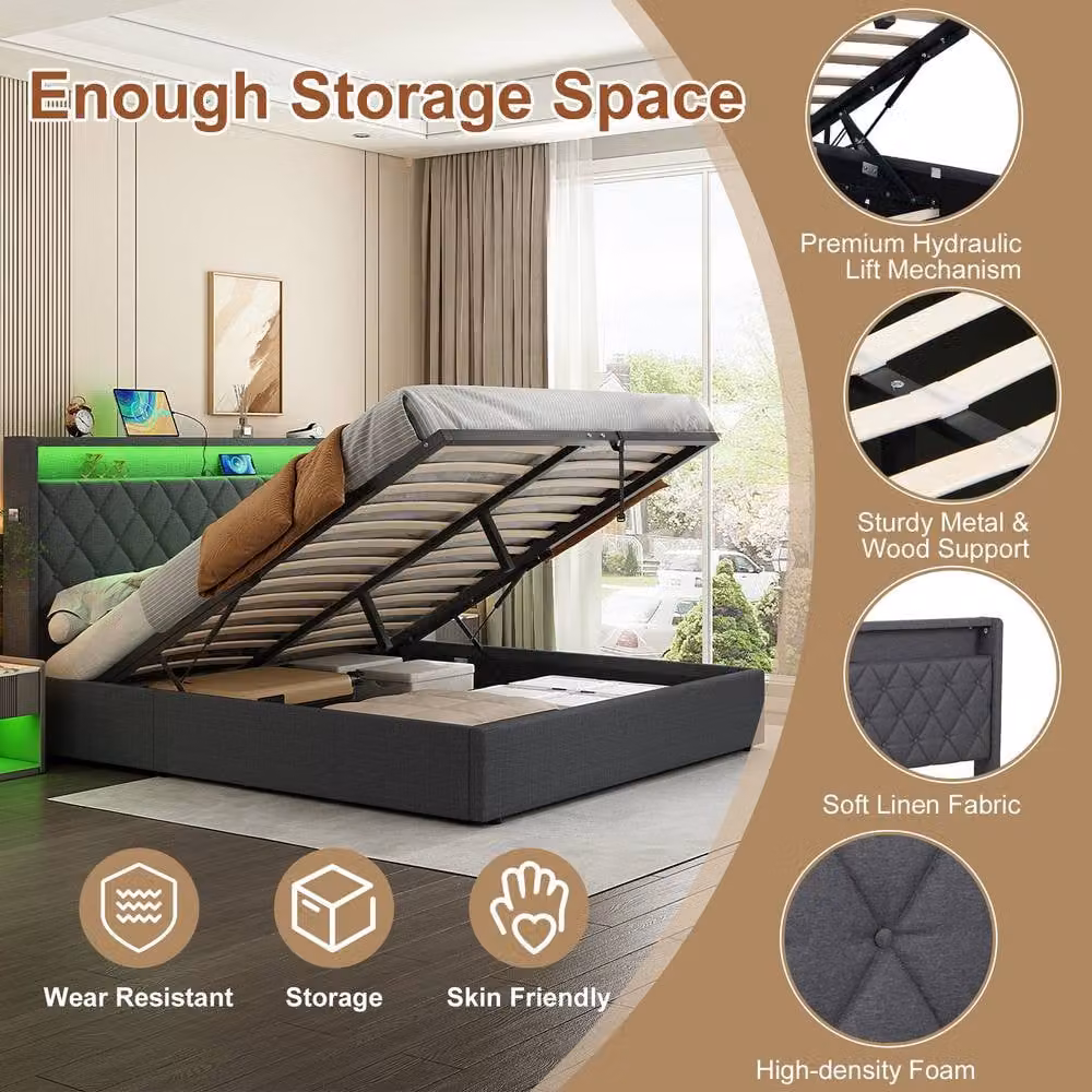 Merax Grey Linen Ottoman Bed with LED Under-Bed Lighting, USB Charging Port and Bedside Shelf, W/D/H: 140 x 200 cm – 6