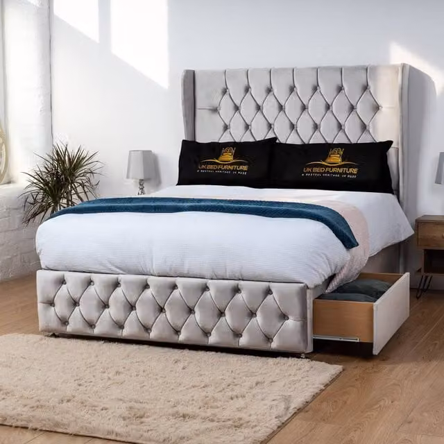 Luxor Living Luxor Wingback Divan Bed with 54 Inch Headboard and 2 Foot End Drawers in Silver Grey Velvet, W/D/H: 120 x 200 cm