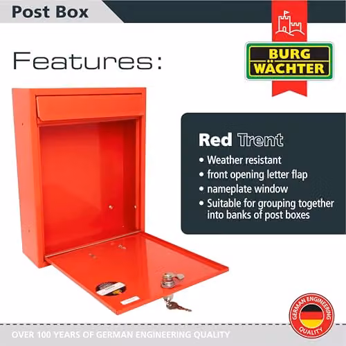 Burg-Wächter MB19R Trent Wall Mounted Galvanised Steel Lockable Weatherproof Post Box, Red, W: 26 cm, H: 34 cm, D: 9 cm – 2