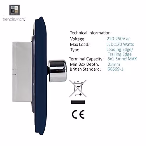 Trendi Switch 4 Gang 1 or 2 Way 150w Rotary LED Dimmer Light Switch in Navy Blue – 4