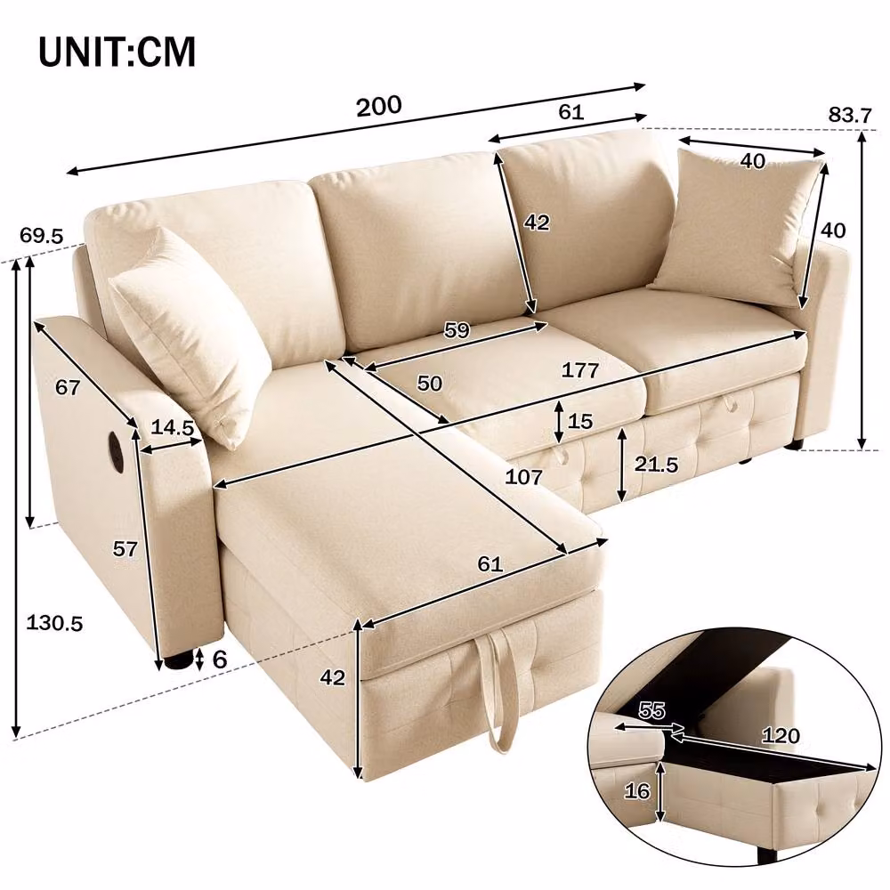 Merax L-Shaped Pull-Out Sofa Bed with Reversible Storage Chaise and USB Charging, Beige – 2
