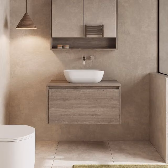 Banyetti Mino 800mm Wall Hung Vanity Unit with Matching Worktop in Nebraska Oak Dark Brown – 1