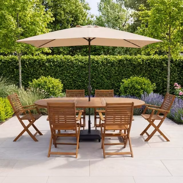 Charles Bentley FSC Acacia Hardwood Garden Furniture Set with Extendable Oval Table and 6 Chairs in Natural Brown