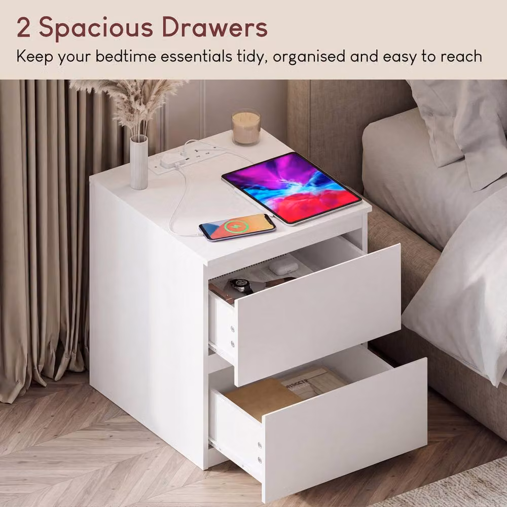 Vida Designs Denver 2 Drawer Large Bedside Chest with Power Outlet, Set of 2, White – 3
