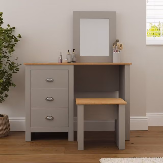 GFW Lancaster Grey and Oak Dressing Table and Stool Set – 2