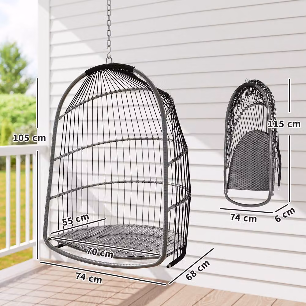ERGOVEXA Foldable Rattan Hanging Egg Chair with 360 Degree Swivel and Cushions, Dark Grey – 2