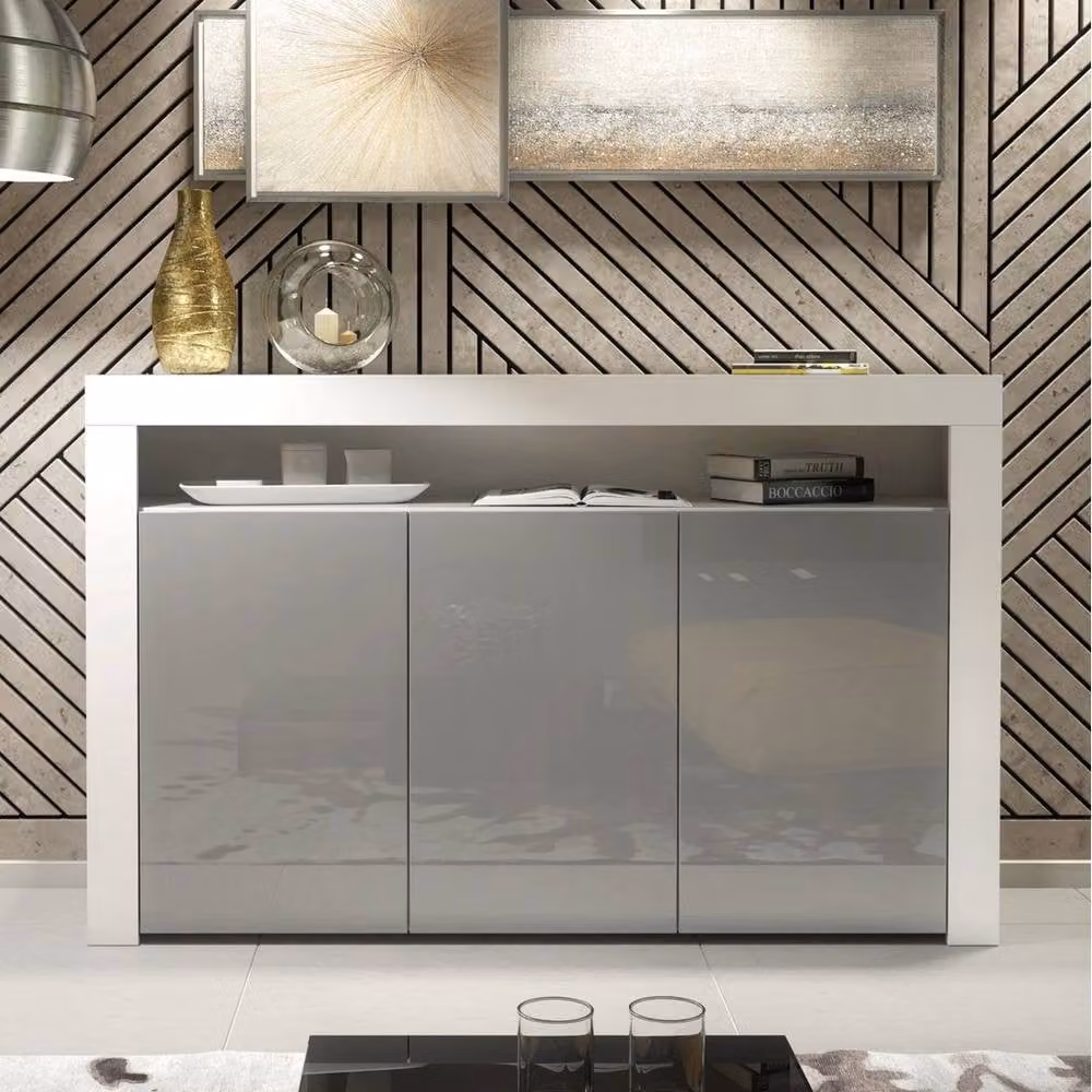 FORGEVIO Modern Grey and White Glossy TV Unit Cabinet Stand with Integrated LED Lighting – 3