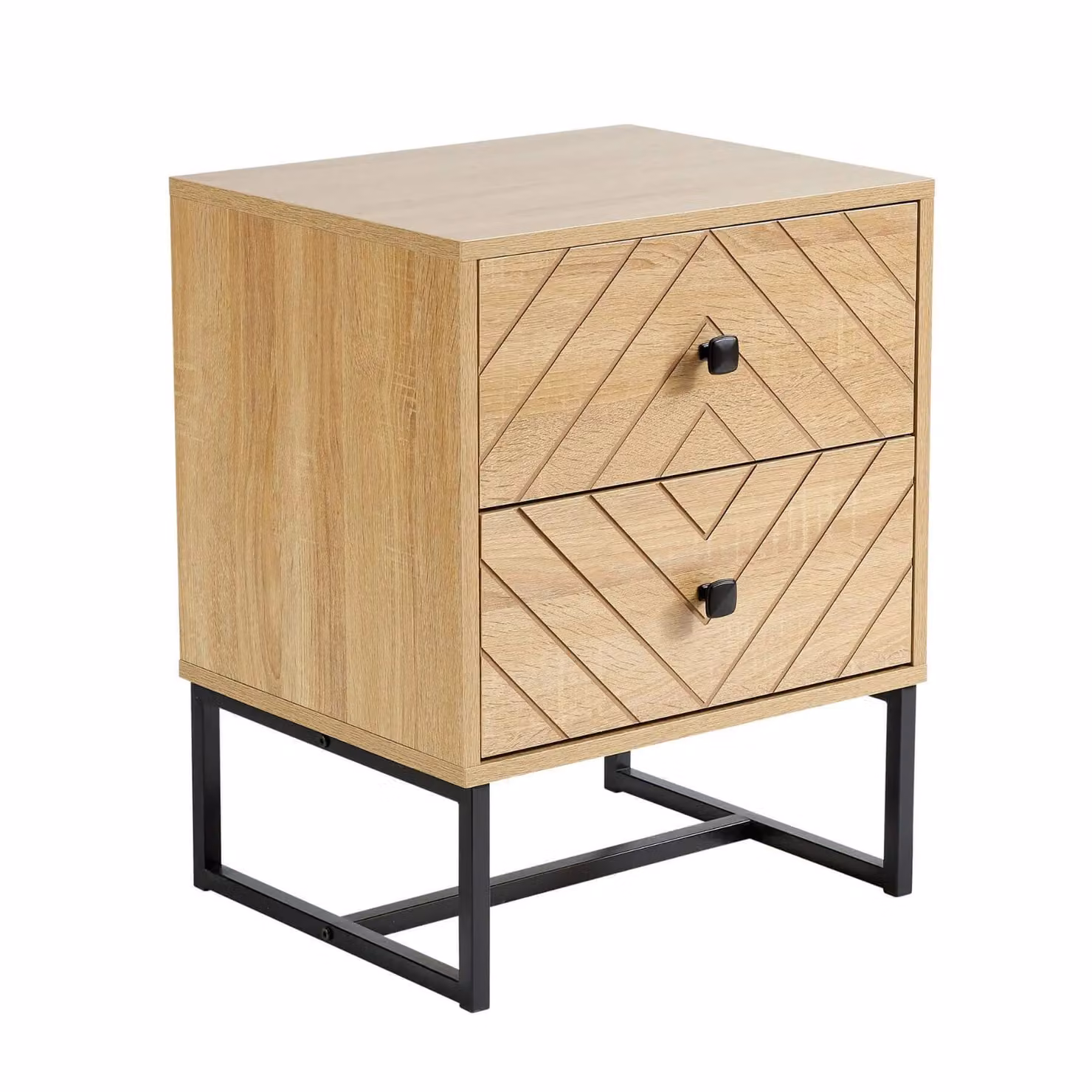 Home Source 2 Drawer Bedside Table with Aztec Design in Light Oak Effect and Metal Legs – 3