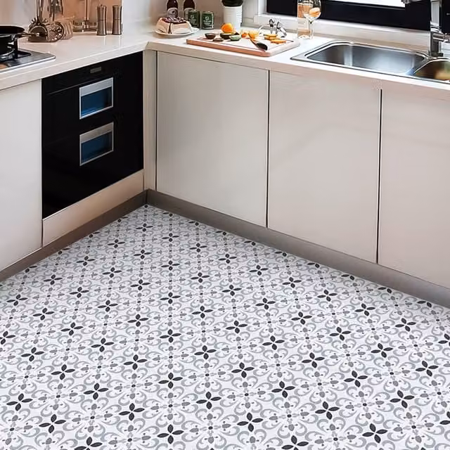 Livingandhome Self-Adhesive Vintage Floral PVC Flooring Tiles, Grey, W: 30 cm, L: 30 cm