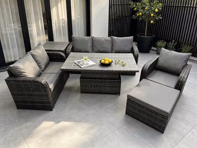 Fimous Rattan Garden Furniture Set in Dark Grey with L-Shape Sofa, Armchair, Ottoman and Coffee Table