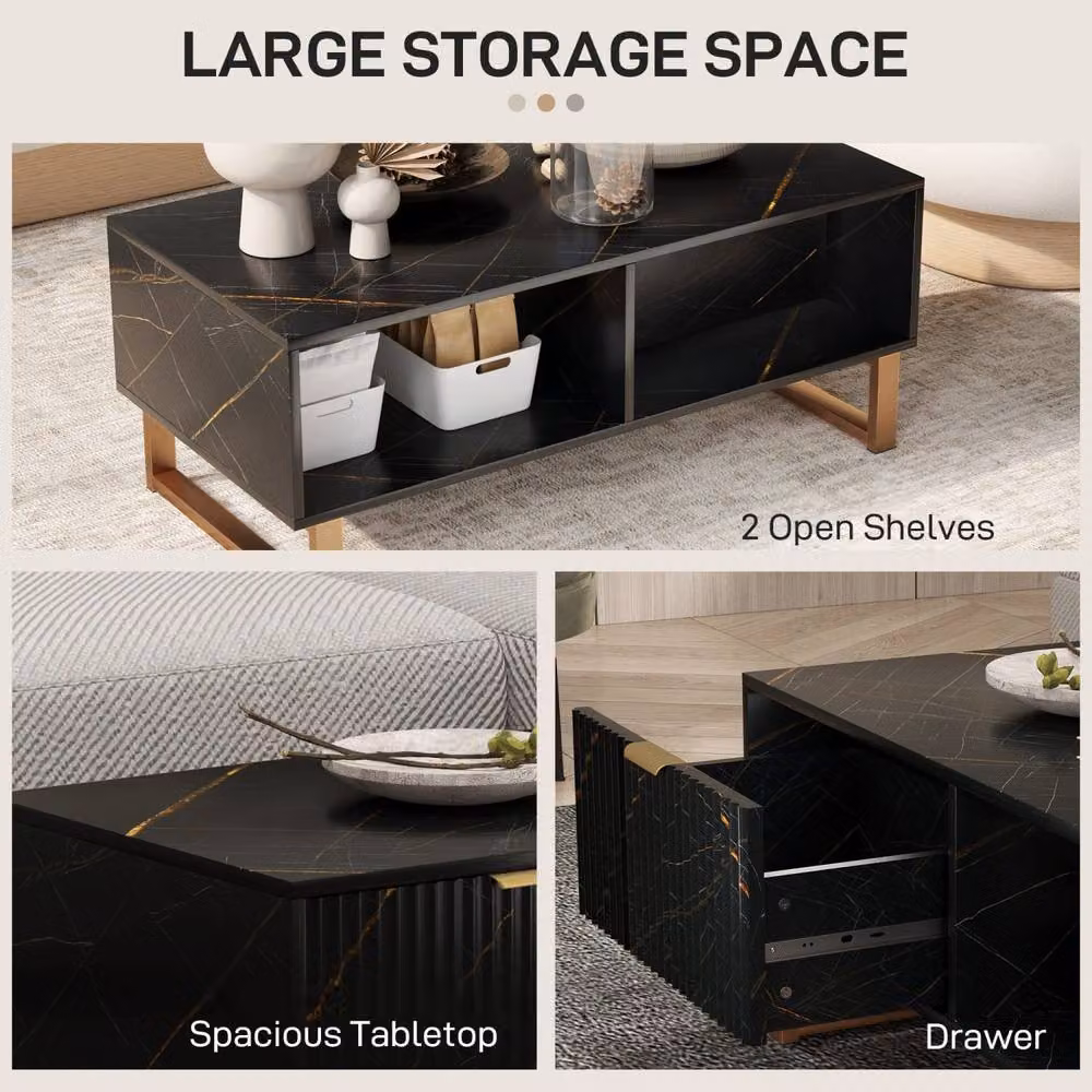 Wyld Haus Neva Black Marble Effect Coffee Table with Gold Accents and Integrated Storage – 4