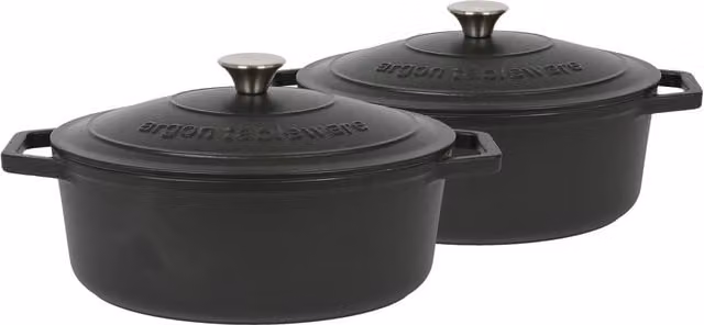 Argon Tableware 2x Black Oval Cast Iron Casserole Dishes with Self Basting Lids, 4.68L