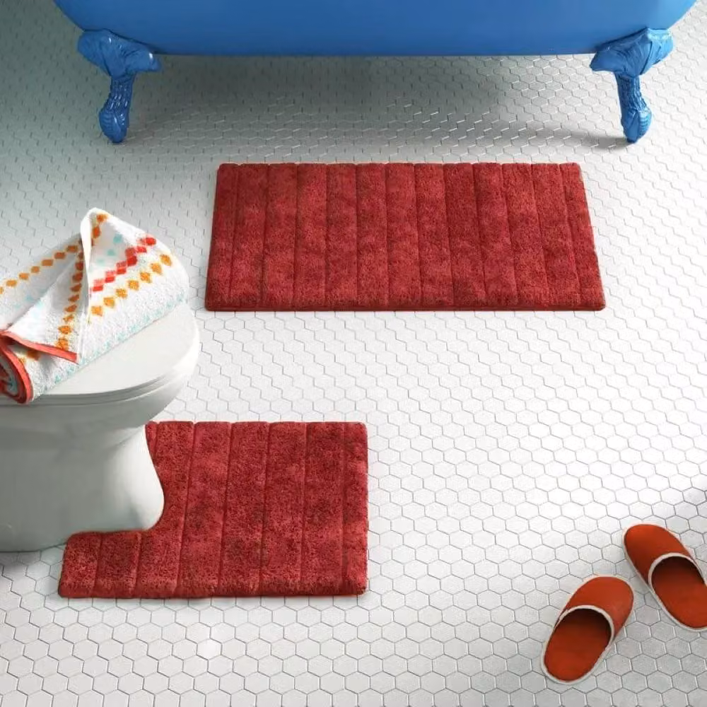 Allure Bath Fashions Ribbed Two Piece Bath and Pedestal Toilet Mat Set in Red Cotton – 2