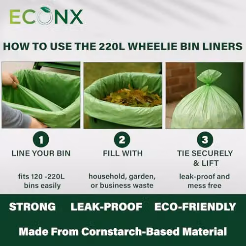 ECONX Green Compostable Wheelie Bin Liners, 220L, 10 Pack – 5