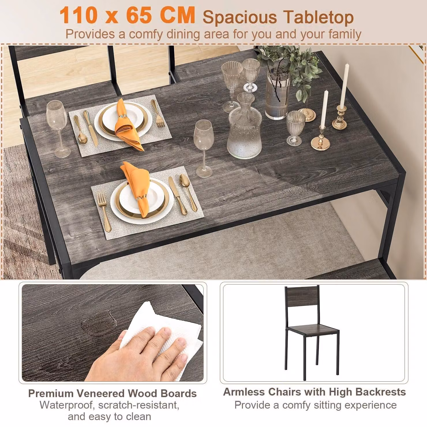 Costway Industrial Rectangular Dining Table Set with Chairs and Bench in Grey – 5