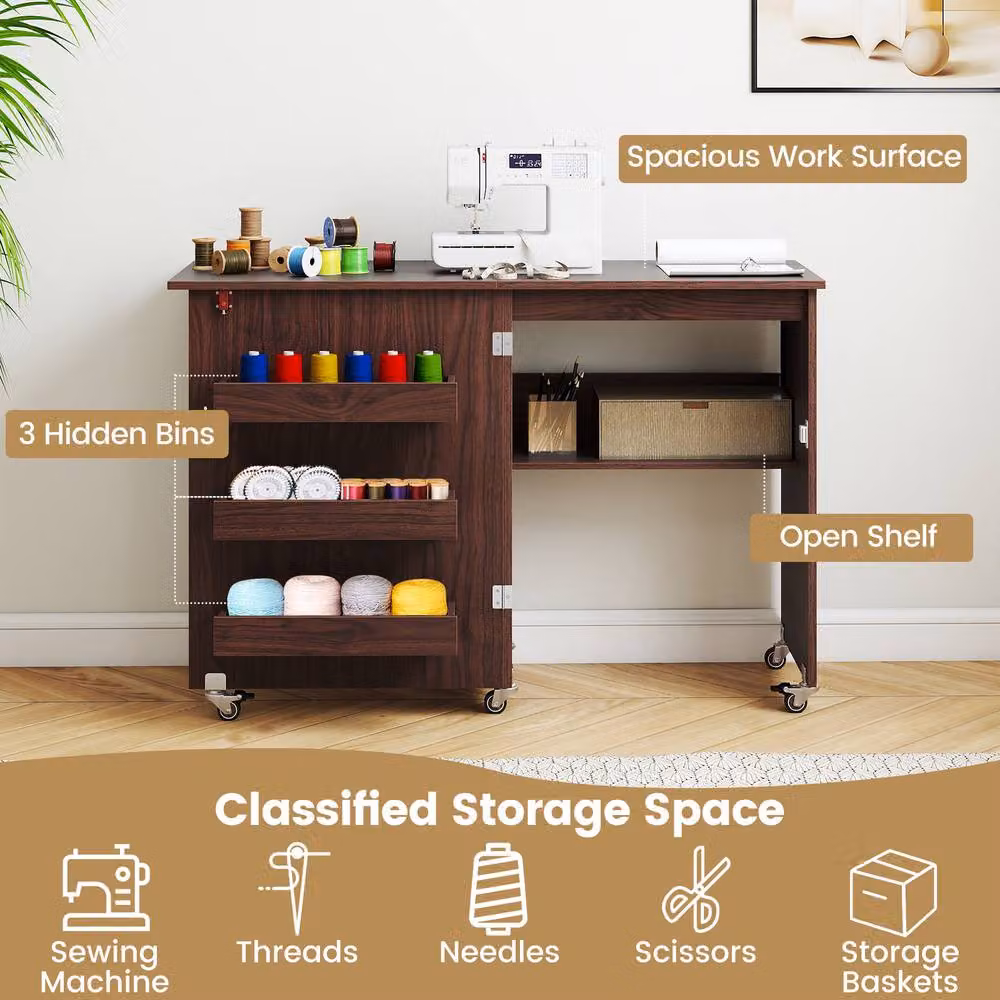 Gymax Folding Rolling Sewing Machine Desk and Craft Station with Storage Shelf in Brown – 7