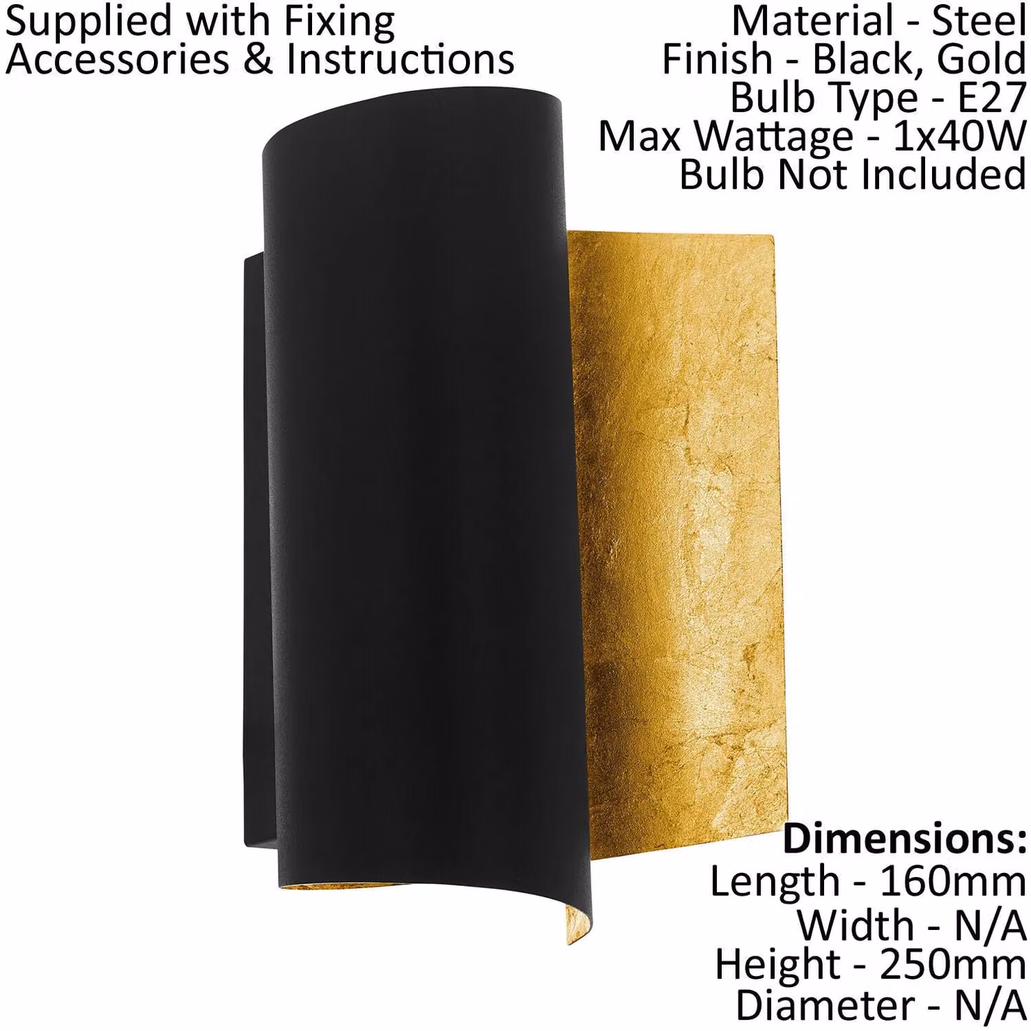 Loops 2 Pack Modern Metal Wall Light in Black and Gold with Curved Rounded Shade, E27, 1x40W – 2