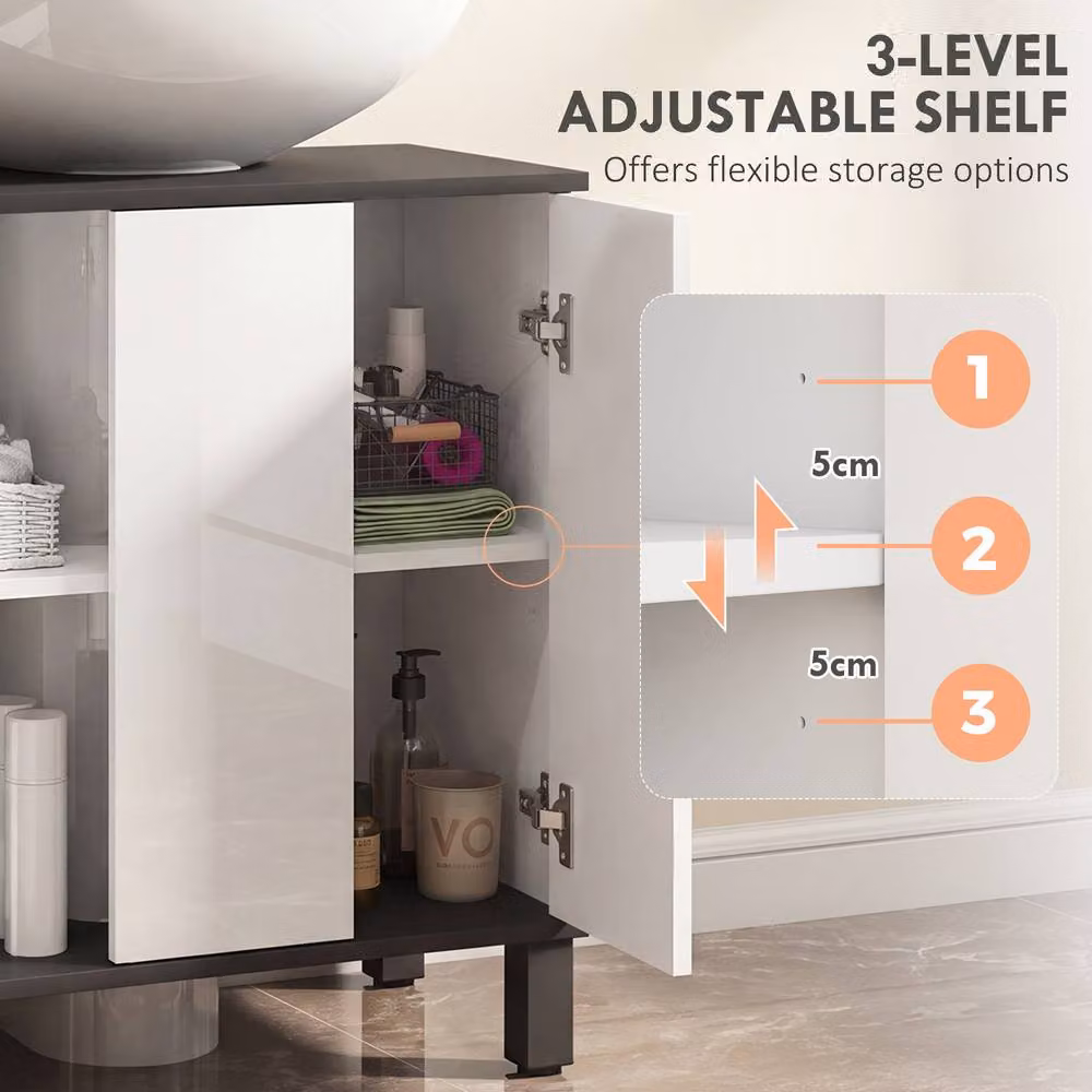 STILVORA Modern Glossy White Freestanding Under Sink Bathroom Cabinet with Internal Shelves and Hinged Doors – 4