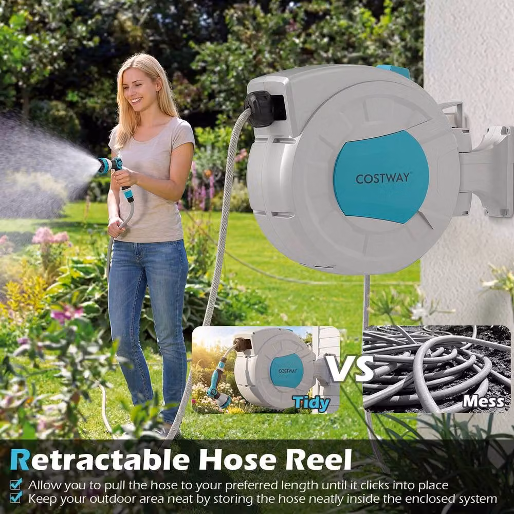 Costway Retractable Wall-Mounted Garden Hose Reel, Multicolour, 22m (20+2m) – 8