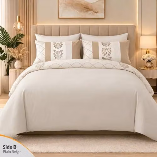 Lazzaro Super King Duvet Set in Beige, 3-Piece Reversible Microfibre Bedding Set with Zipper Closure, W/D/H: 260 x 220 x 200 cm