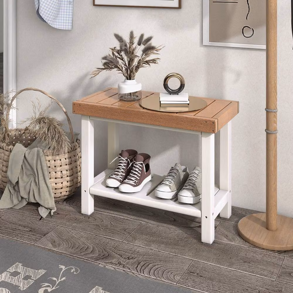 Gymax Brown Shower Bench and Spa Stool with Storage Shelf – 3