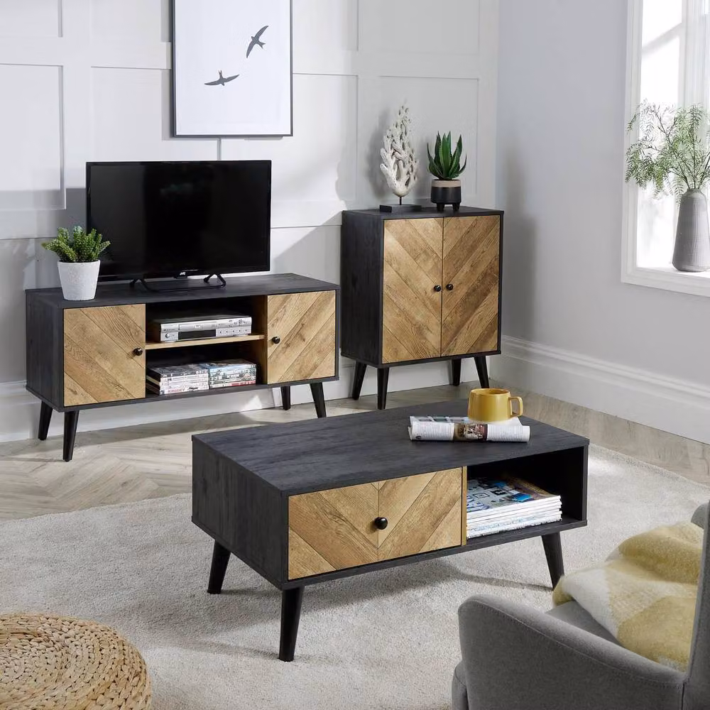 Home Source Dallas Mid-Century Geometric 2 Door Black Sideboard Storage Unit – 5