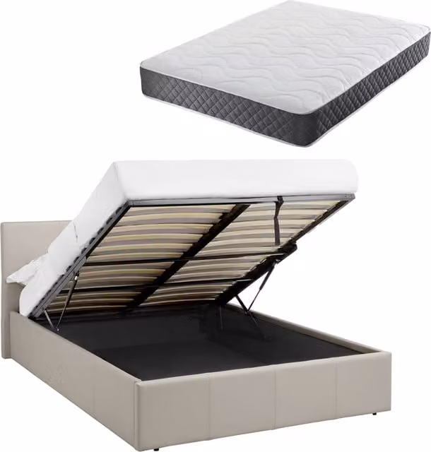 Luna 4ft Small Double Ottoman Bed in Beige Faux Leather with Hybrid Spring and Foam Mattress, W/D/H: 120 x 200 cm