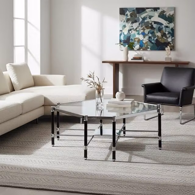 Orsina Modern Octagonal Side Table with Silver Metal Frame and Transparent Glass Top, W/D/H: 43 x 43 x 105 cm – 1