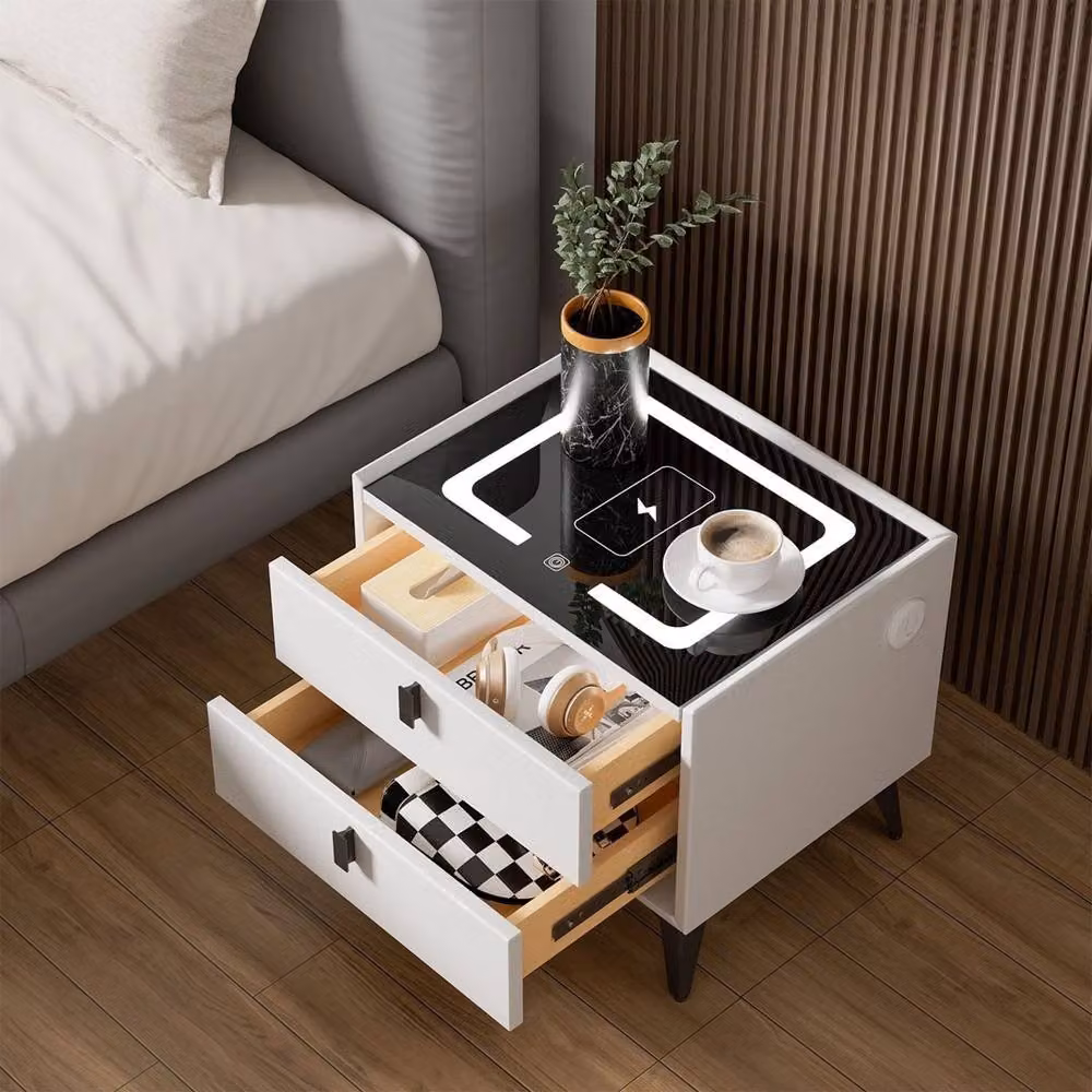 VOGREX Modern White Glossy LED Bedside Table with Integrated Lighting and 2 Drawers W: 100 cm, H: 80 cm – 2