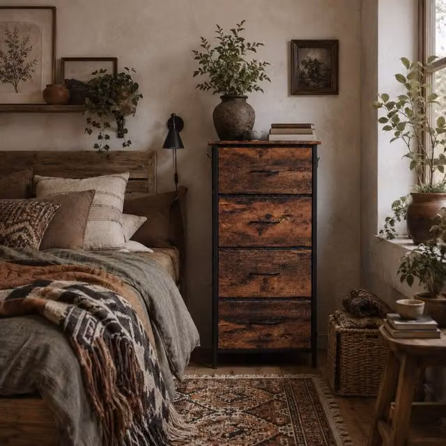 Wyld Haus Balo 4 Drawer Storage Chest in Brown and Black Fabric and Metal