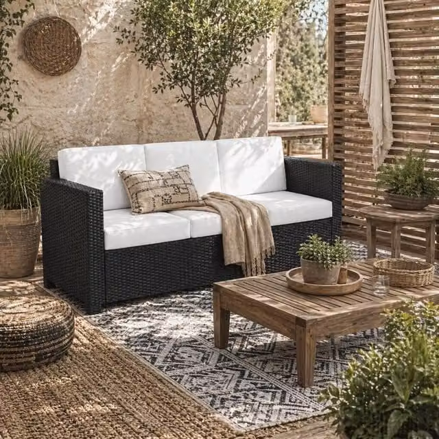 Wyld Haus Sudori 3 Seater Outdoor Sofa in Black Rattan with Cream Cushions