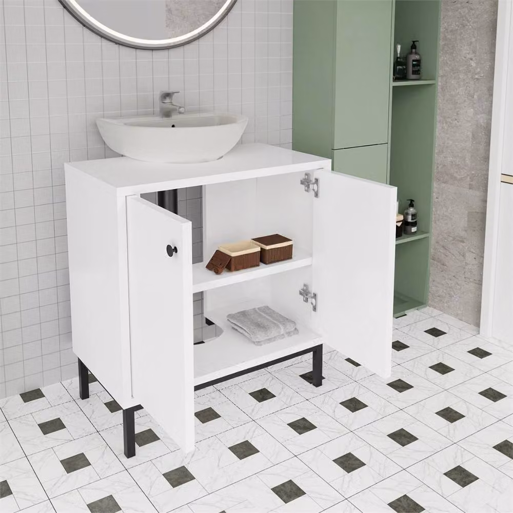 EONLION White Under Sink Bathroom Storage Cabinet with Hinged Doors and Internal Shelves, W/D/H: 60 x 30 x 60 cm – 2