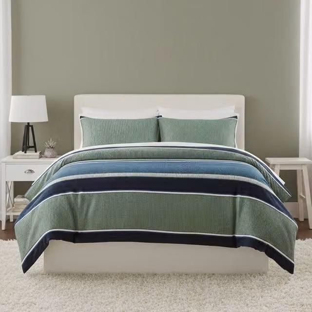 Snug City Green and Blue Striped Modern Duvet Set with Pillowcases, Single, W: 90 cm, H: 200 cm – 1
