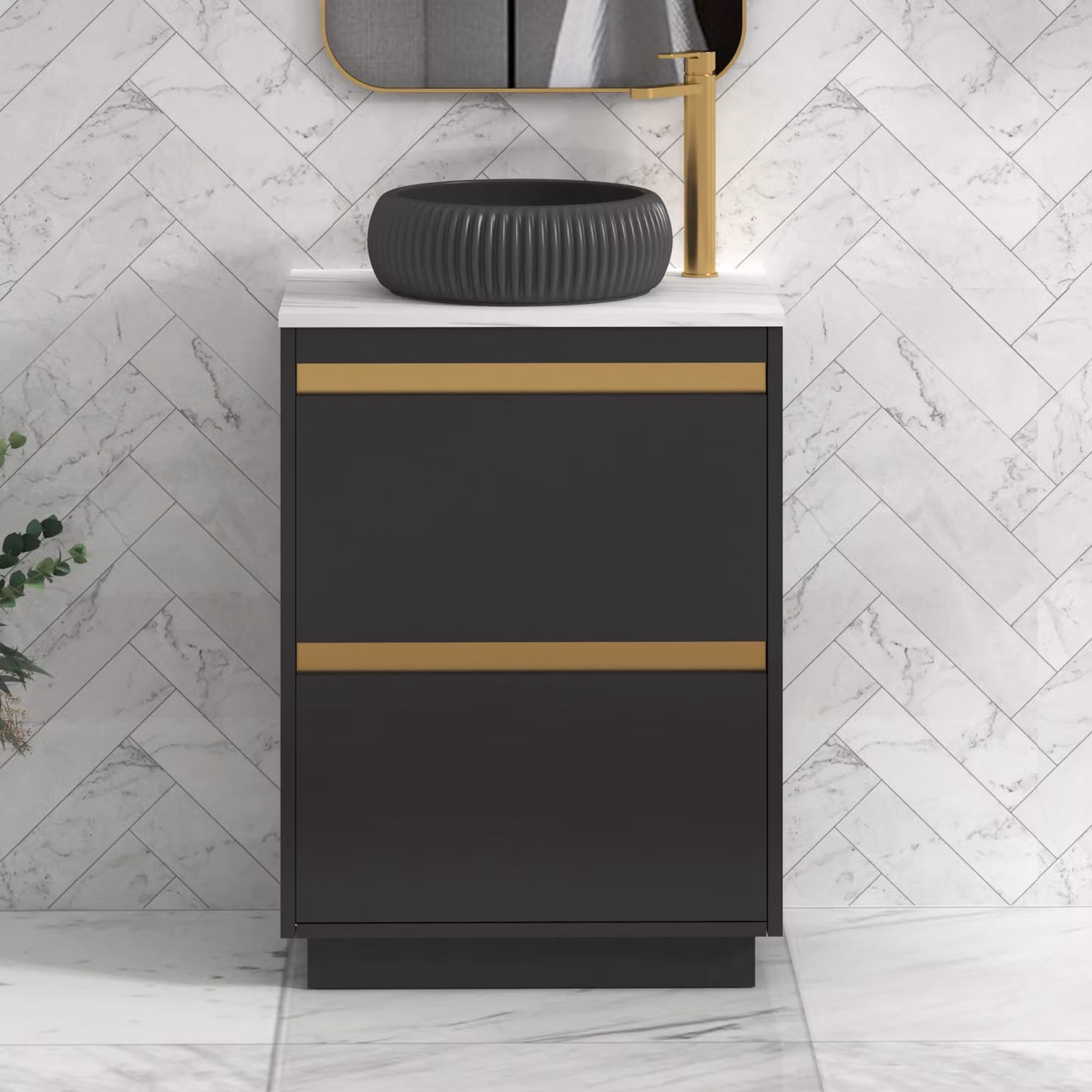 Royal Bathrooms Orion 600mm Matt Obsidian Black Floor Standing Countertop Vanity Unit with 2 Drawers, Milan Black Basin and Brushed Brass Accent Trim