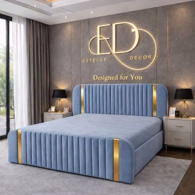 Stratus Interiors Aura Rounded Panel Bed Frame with Ottoman Storage in Blue Velvet and Gold Accents, W/D/H: 150 x 200 cm