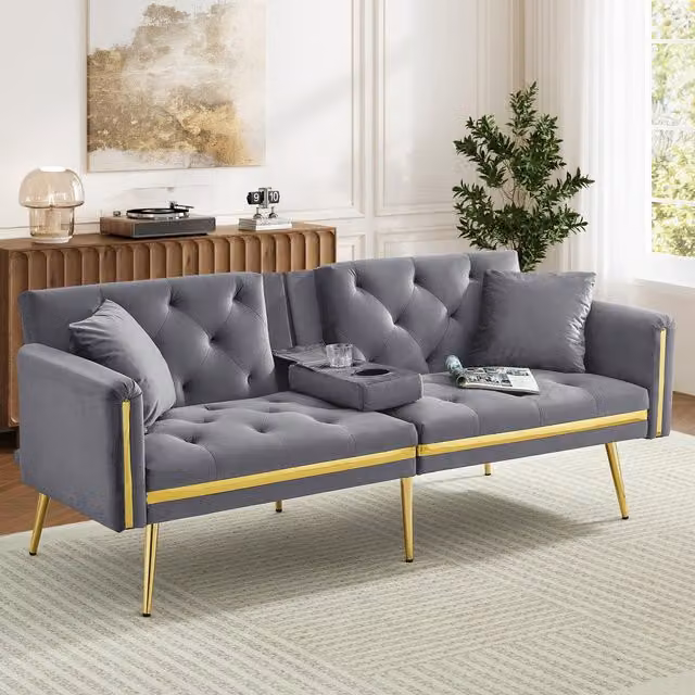 Aosom UK Grey Velvet Two-Seater Convertible Sofa Bed with Adjustable Backrest and Cup Holders, W/D/H: 174 x 76 x 71.5 cm