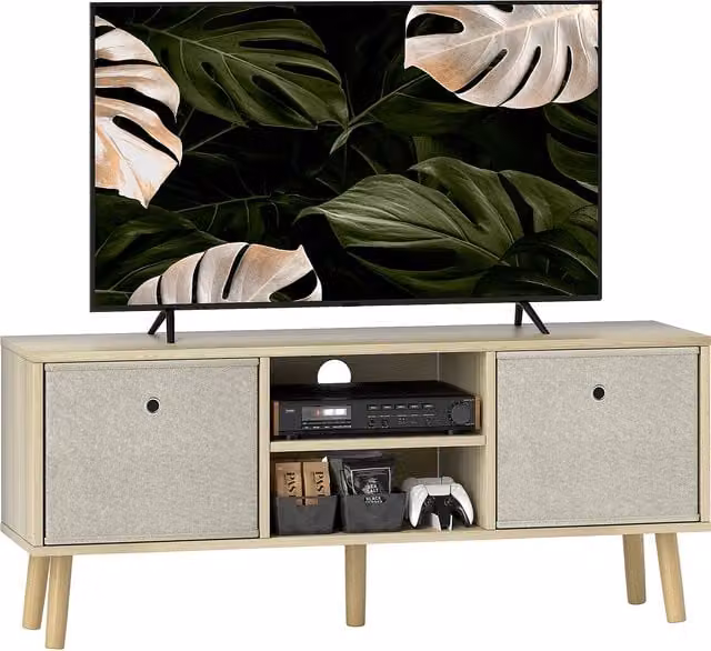 HOMCOM Natural and Beige TV Cabinet Stand Unit for TVs up to 50 inch with Foldable Drawers