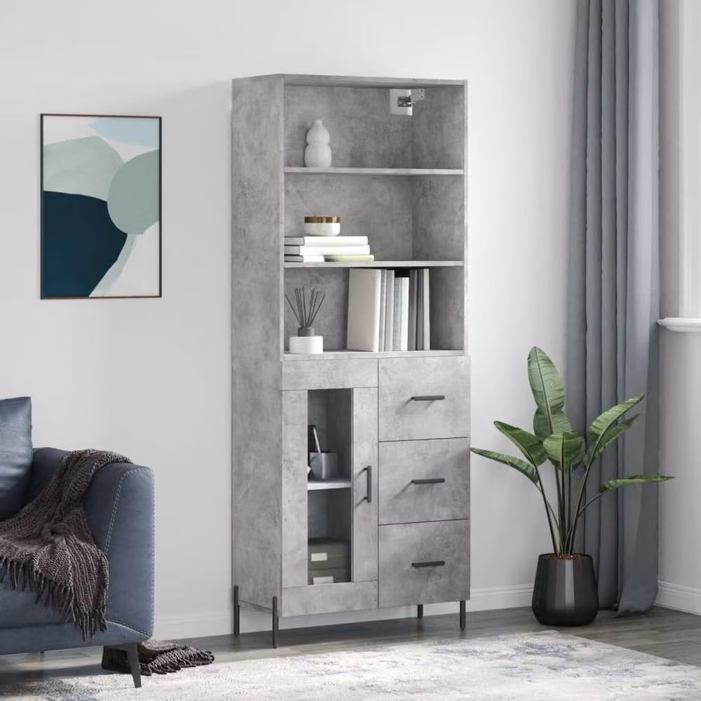 Berkfield Home Highboard in Concrete Grey with Glass Doors and Drawers, W/D/H: 69.5 x 34 x 180 cm – 2