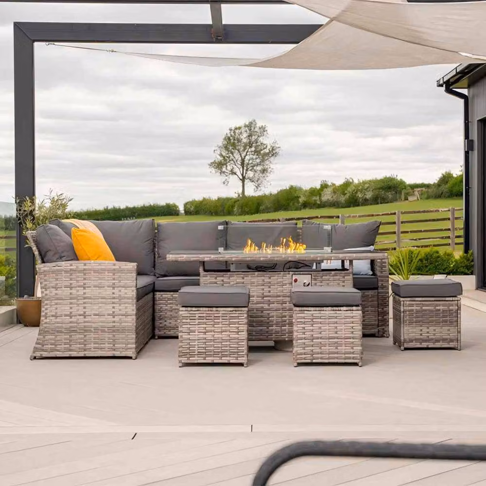 Furniture Maxi Rosen 9 Seater Grey Rattan Garden Corner Dining Sofa Set with Fire Pit – 2