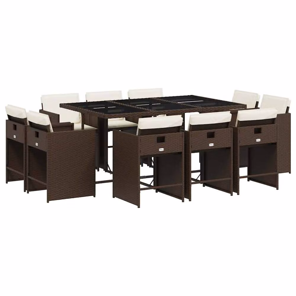 Berkfield Home 11 Piece Brown Poly Rattan Garden Dining Set with Cushions and Glass Tabletop – 2