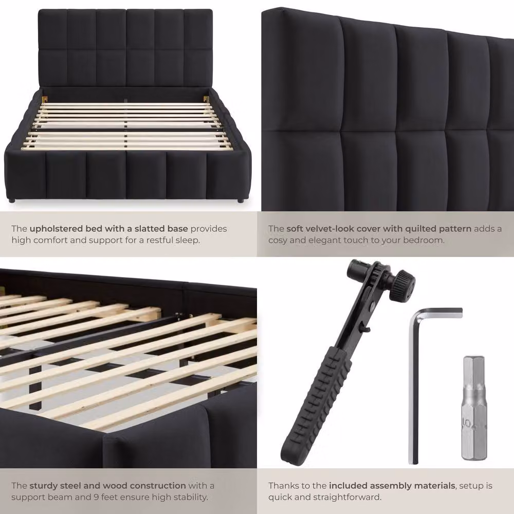 tectake Shirley Upholstered Double Bed with Lift Up Base and Slatted Frame in Black, W/D/H: 140 x 200 cm – 5