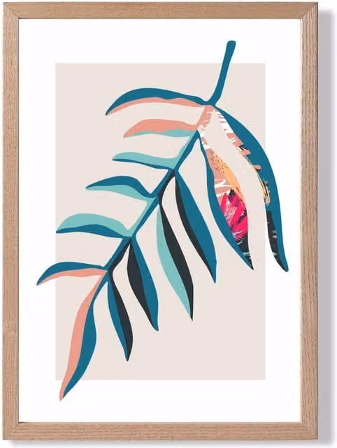 ARTZE Tropical Leaf Boho Botanical Framed Print in Blue and Pink with Oak Frame, A4
