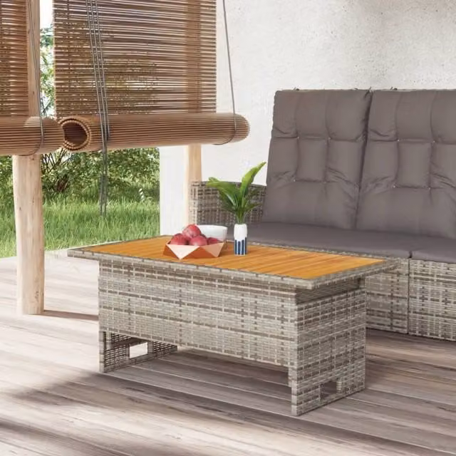 Berkfield Home Grey Garden Table with Solid Acacia Wood and Black Poly Rattan, W: 100 cm, D: 50 cm, H: 43-63 cm – 1