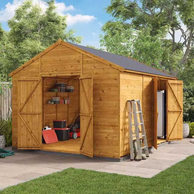 BillyOh Rustic Brown Wooden Apex Workshop with Double Doors and Floor, 3.66 x 3.05 m