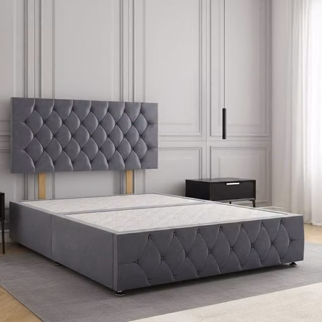 Regional Furnishings Small Double Divan Bed with 24 inch Plush Velvet Headboard and Footboard in Grey, W/D/H: 120 x 200 cm